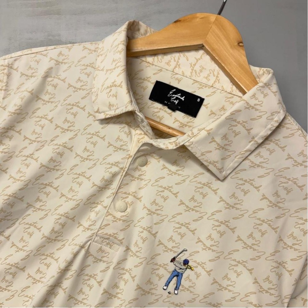 Eastside Golf Snap Polo Shirt Cream Tan Script Print Embroidered Logo Mens Small